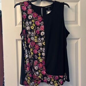 INC International Concepts Black Tank with Pink & Yellow Floral Paneling